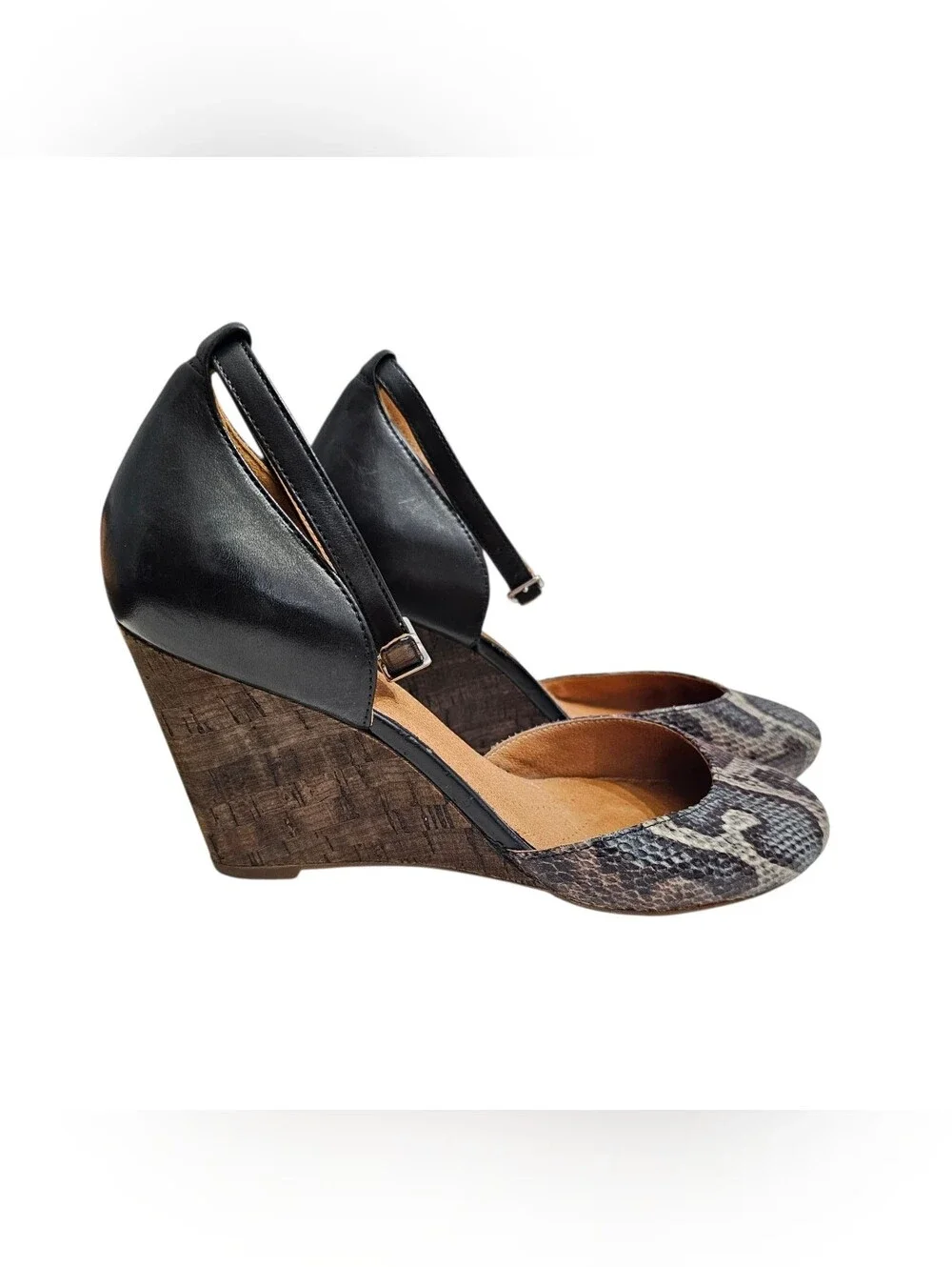 Clarks Artisan Women 7.5M Gray Snakeskin Print Leather Cork Wedge Ankle Heels